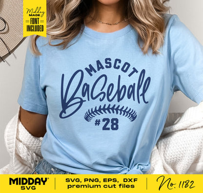 Light blue shirt with 'Mascot Baseball #28' design, featuring an energetic script. SVG, PNG, EPS, DXF font files included for DIY customization.
