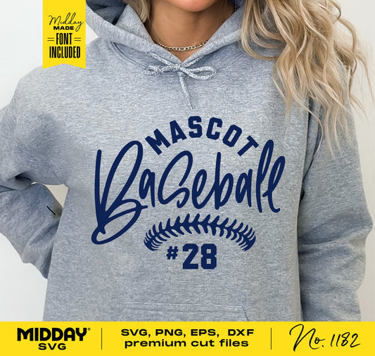 Gray hoodie featuring an energetic script baseball design with 'Mascot Baseball #28' in navy, font included, ideal for team or mom shirts.