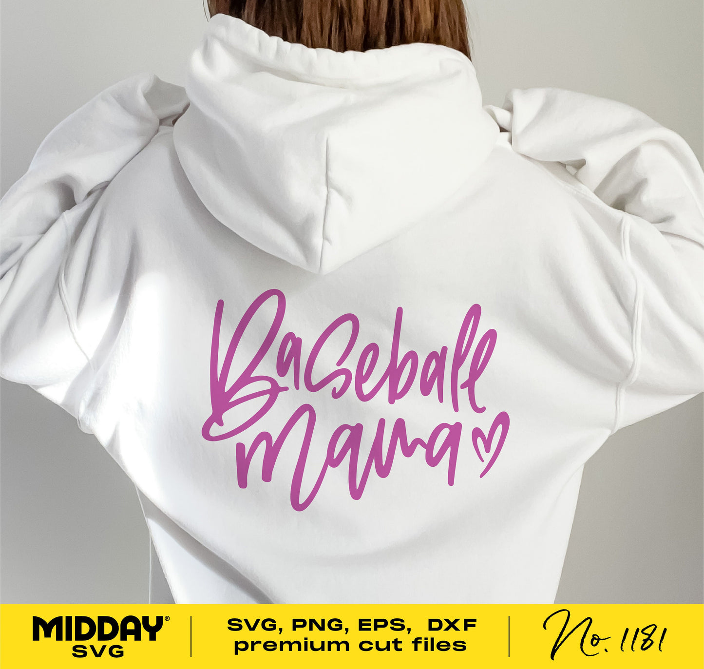 White hoodie with 'Baseball Mama' in pink script, perfect for sports moms. Available in SVG, PNG, EPS, and DXF formats.