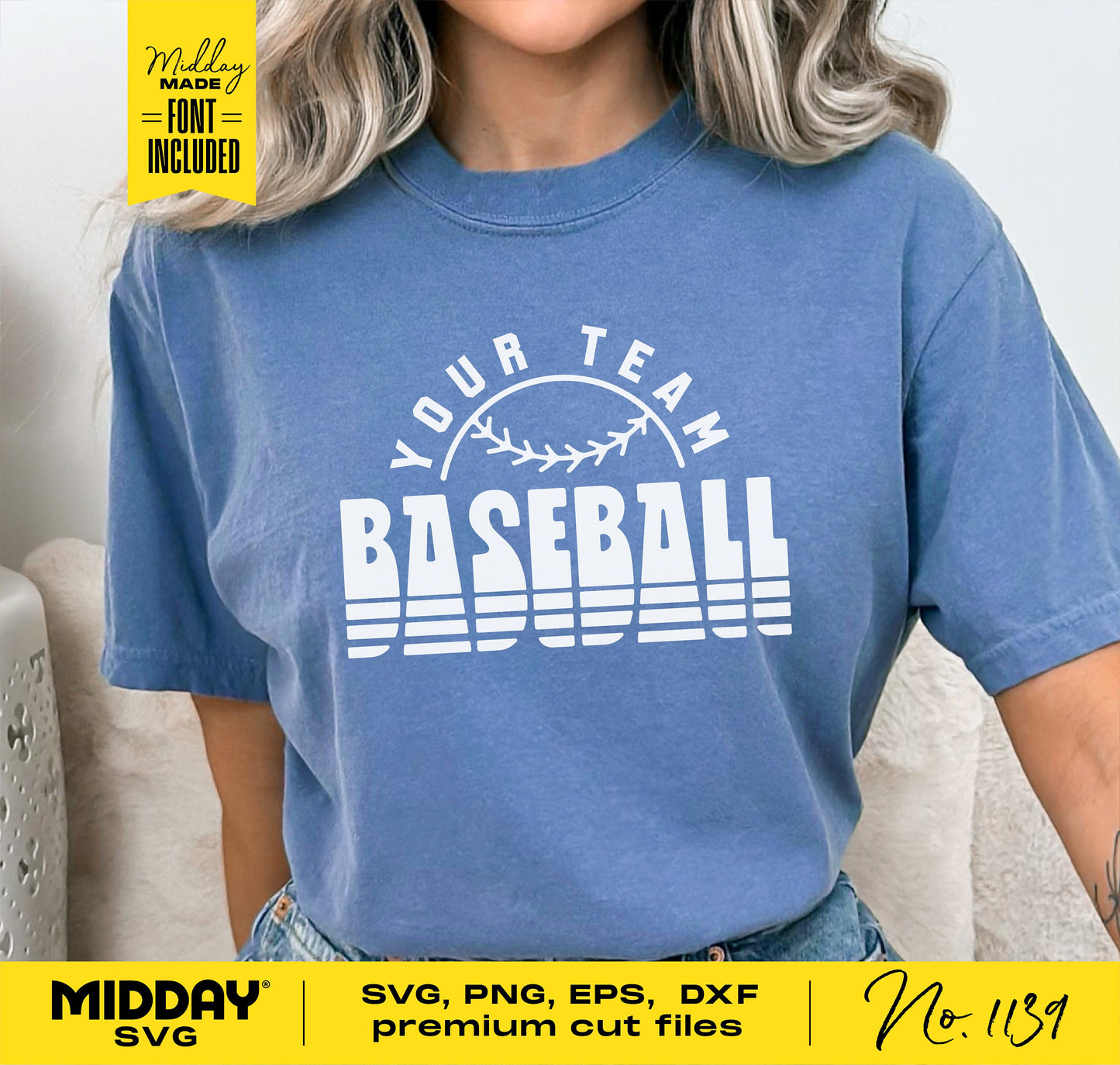 Blue t-shirt featuring 'Your Team Baseball' design, available as SVG, PNG, EPS, DXF for Cricut and Silhouette projects.