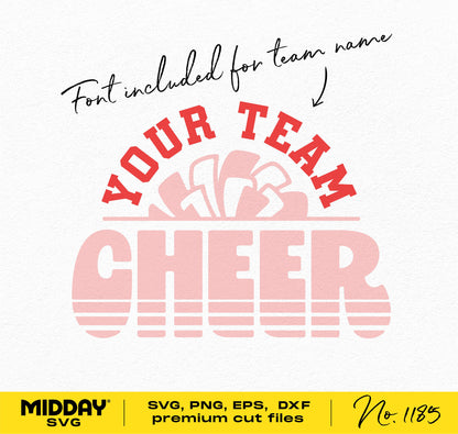 Cheer team SVG template with "Your Team" text and pom-pom design, includes font for customization, suitable for Cricut and Silhouette.