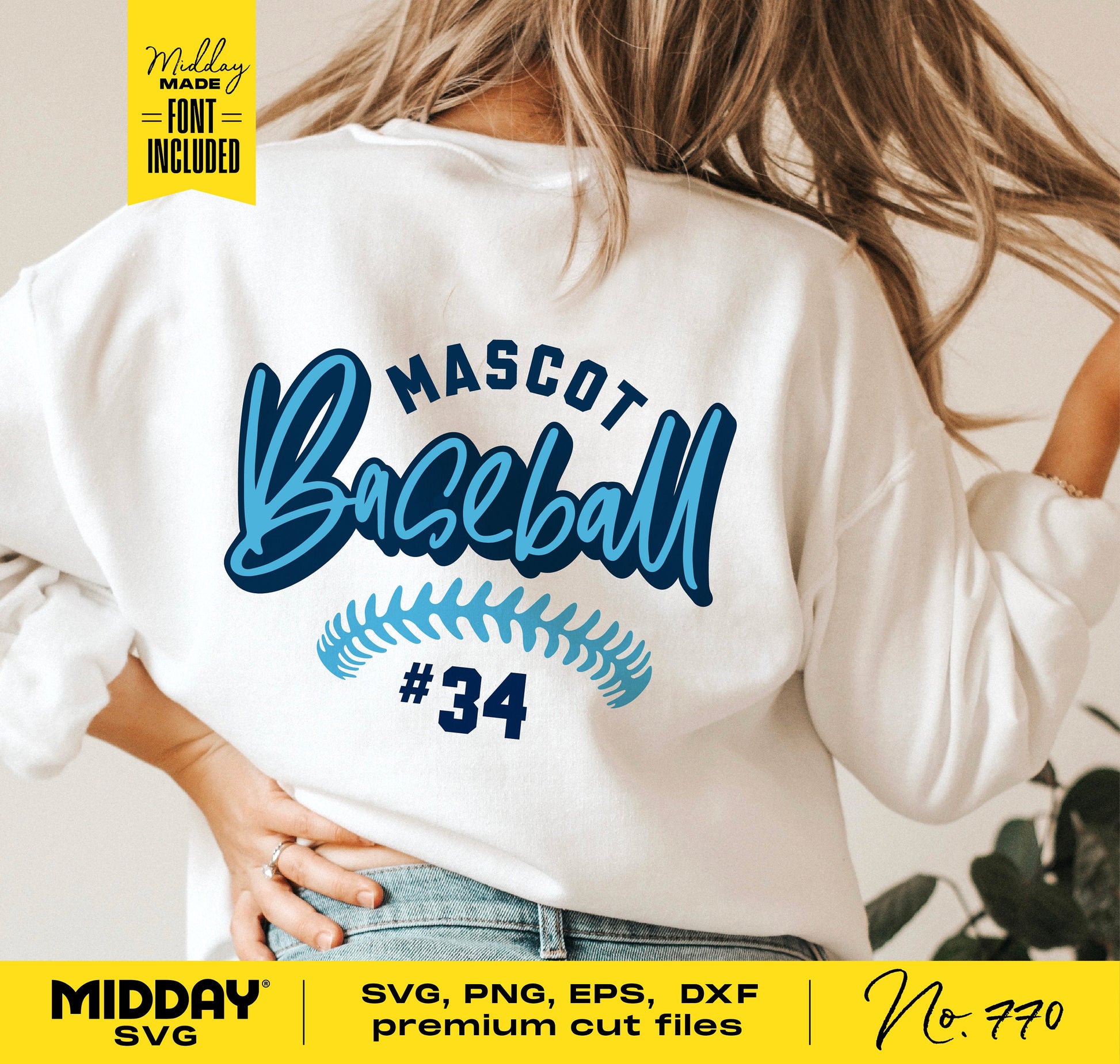 Woman wearing a white shirt with 'Mascot Baseball #34' design, SVG, PNG, EPS, DXF files by MIDDAY SVG, ideal for Cricut and Silhouette.