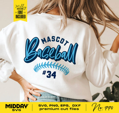 Woman wearing a white shirt with 'Mascot Baseball #34' design, SVG, PNG, EPS, DXF files by MIDDAY SVG, ideal for Cricut and Silhouette.
