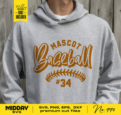 Gray hoodie with 'Mascot Baseball #34' in orange, featuring SVG, PNG, EPS, DXF files for crafting with Cricut and Silhouette.