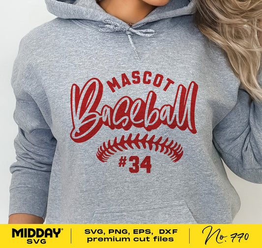 Gray hoodie with red 'Mascot Baseball #34' design, perfect for baseball team shirts. Available in SVG, PNG, EPS, and DXF formats.