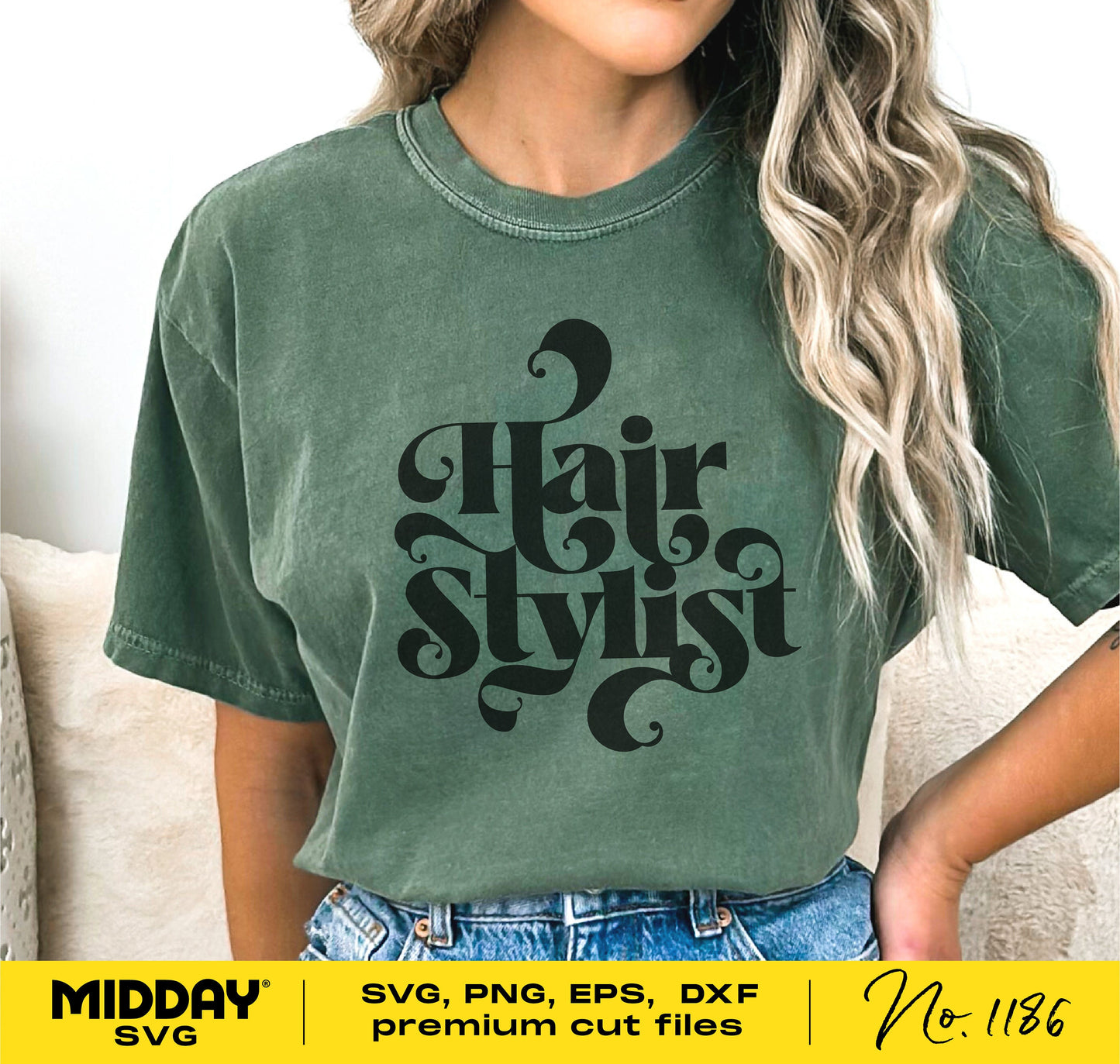 Green t-shirt with 'Hair Stylist' design, available in SVG, PNG, EPS, DXF formats for hairdresser shirts and accessories.