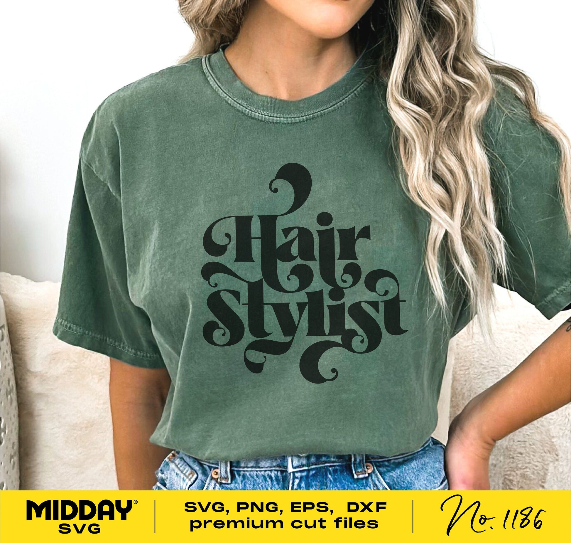 Green t-shirt with 'Hair Stylist' design, available in SVG, PNG, EPS, DXF formats for hairdresser shirts and accessories.