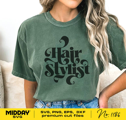 Green t-shirt with 'Hair Stylist' design, available in SVG, PNG, EPS, DXF formats for hairdresser shirts and accessories.
