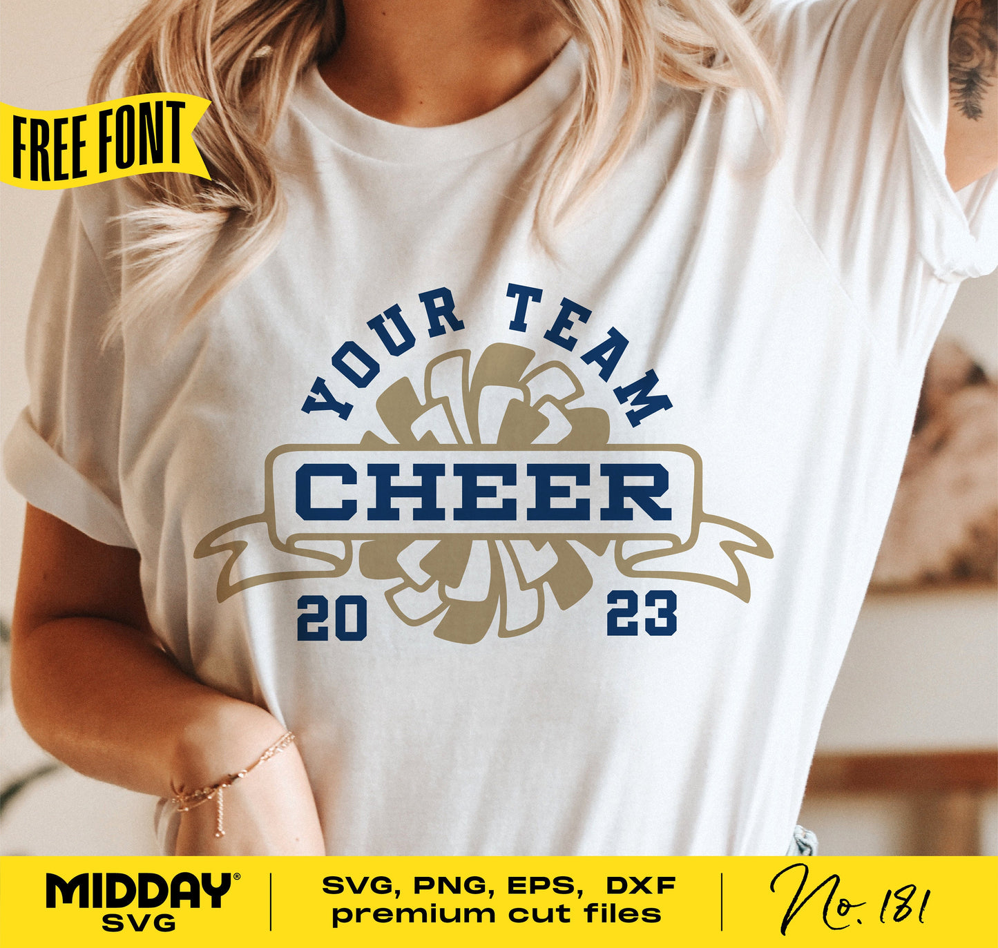 Cheerleading team shirt with 'Your Team Cheer 2023' design, featuring premium SVG and DXF cut files by Midday SVG.