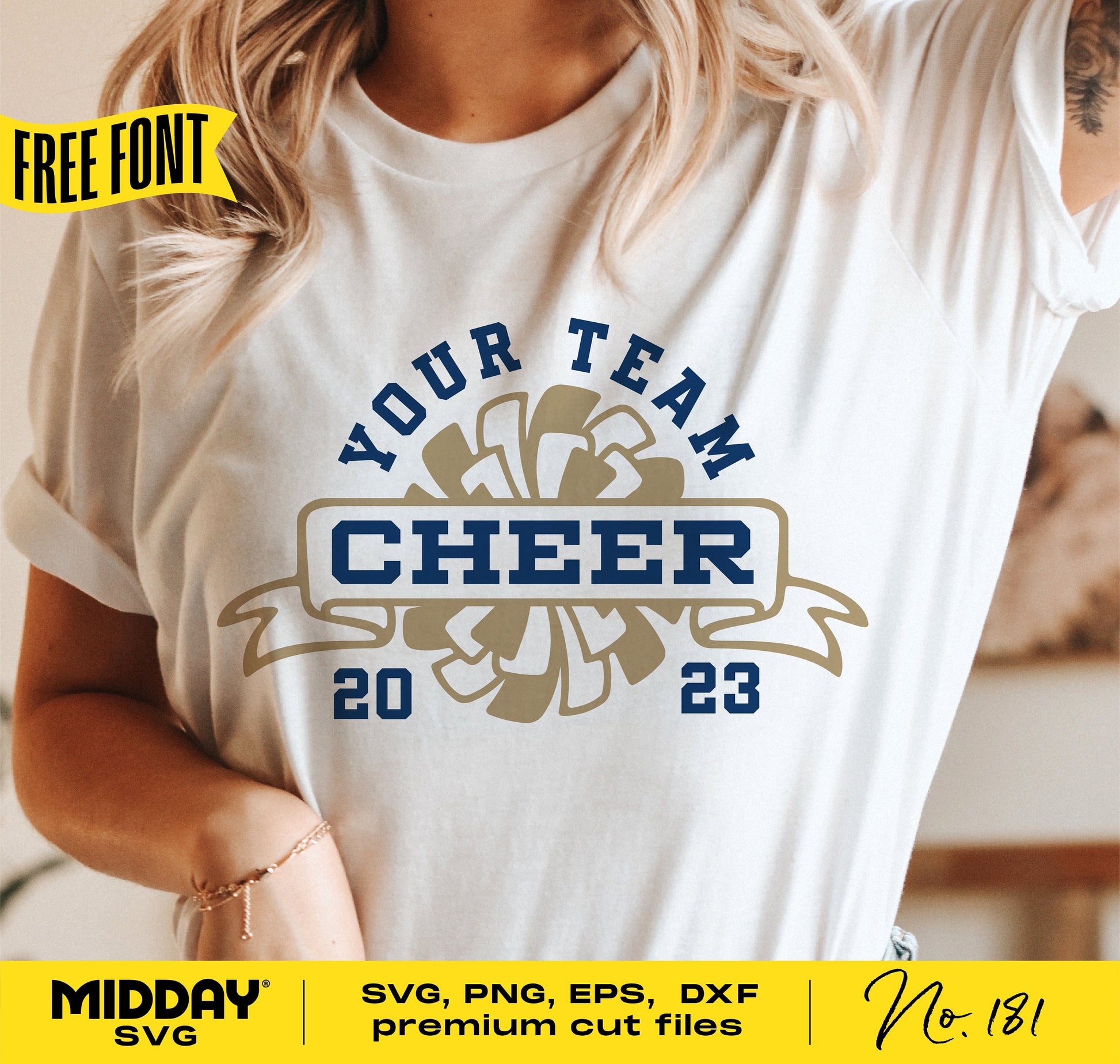 Cheerleading team shirt with 'Your Team Cheer 2023' design, featuring premium SVG and DXF cut files by Midday SVG.