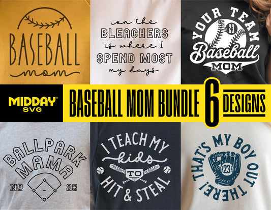 Baseball Mom Bundle SVG featuring six designs for apparel and accessories, perfect for sweatshirts, hats, tumblers, and more.