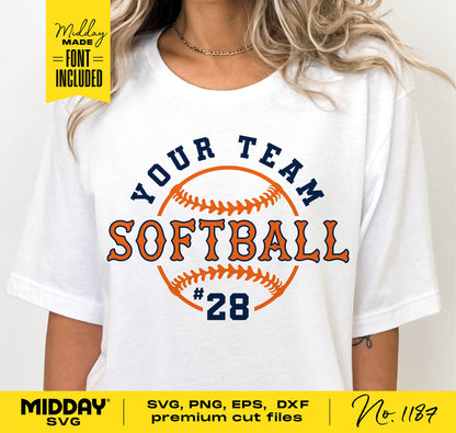 White softball team shirt with customizable design and font, featuring SVG, PNG, EPS, DXF files for DIY crafting.