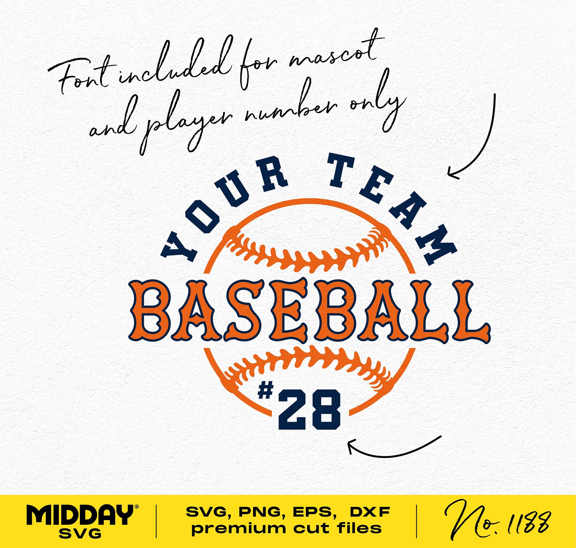 Customizable baseball team SVG design with included font for mascot and player number, ideal for Cricut projects and DIY shirt designs.