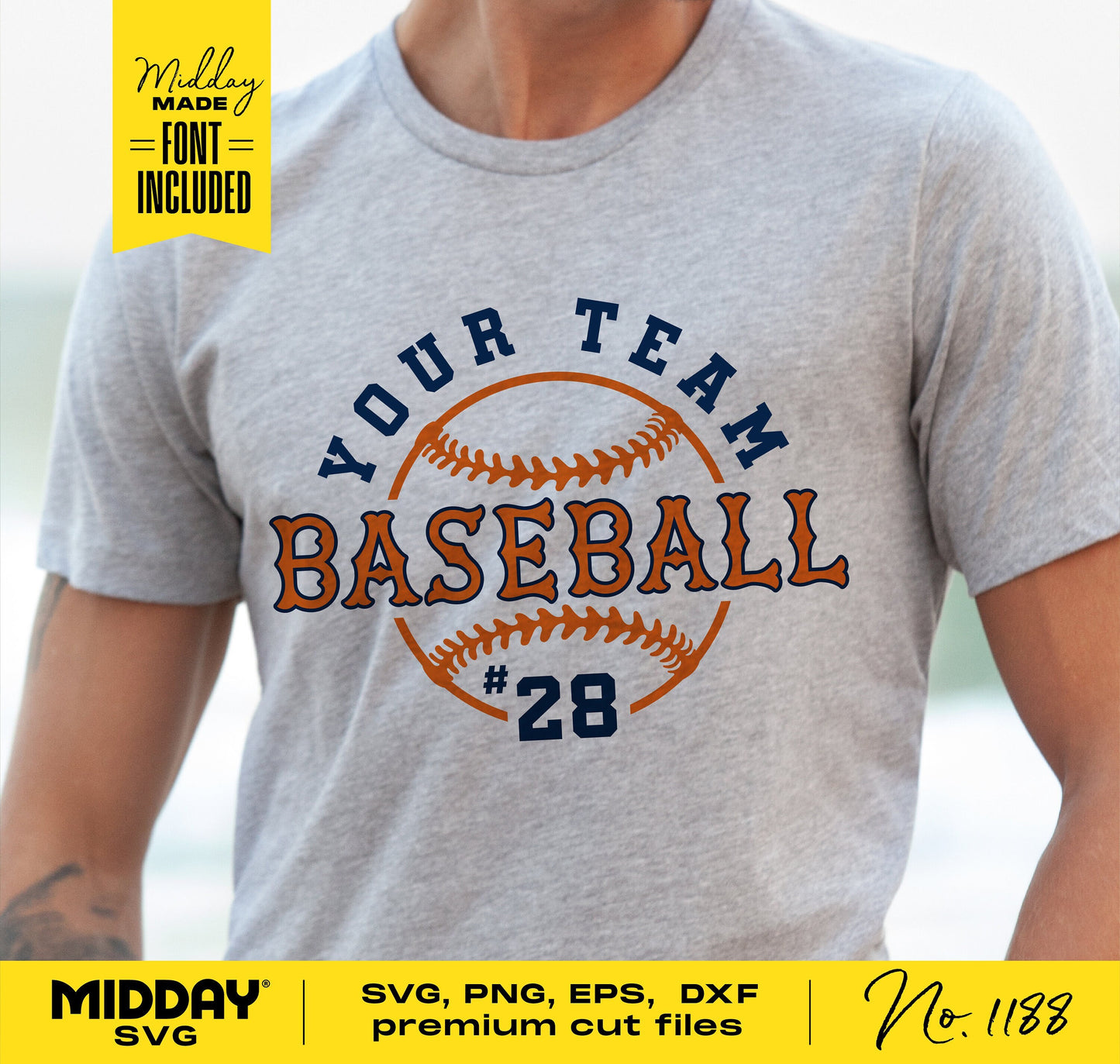 Customizable baseball team shirt with SVG, PNG, EPS, DXF files. Includes font for personalized design. Ideal for DIY enthusiasts.
