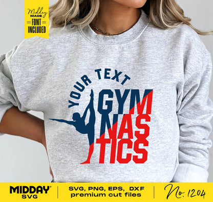 Person wearing a gray sweatshirt with a custom gymnastics design in red and blue, available as SVG, PNG, EPS, and DXF files for Cricut and Silhouette.