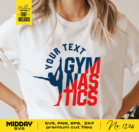 Person wearing a white t-shirt with custom gymnastics SVG design for Cricut and Silhouette, featuring the word 'Gymnastics' and a gymnast silhouette.
