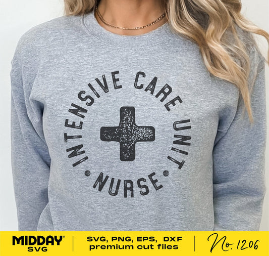 Grey sweatshirt with 'Intensive Care Unit Nurse' design, ideal for nursing students and ICU professionals. SVG PNG DXF cut files available.