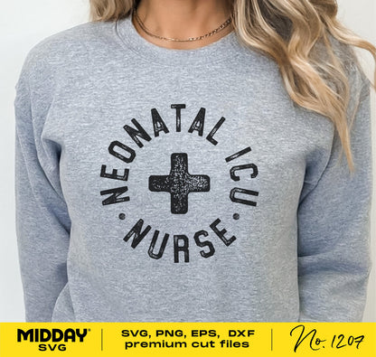 Gray shirt featuring 'Neonatal ICU Nurse' design, styled for Cricut and Silhouette cutting machines, available in svg, png, dxf, eps formats.