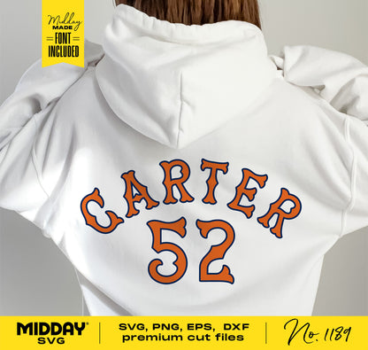 White hoodie with custom vintage-style text "Carter 52" on the back, featuring included font, ideal for Cricut and Silhouette crafting.