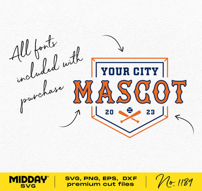 Vintage baseball team template with customizable mascot and city text, includes SVG and cut file formats for Cricut and Silhouette users.
