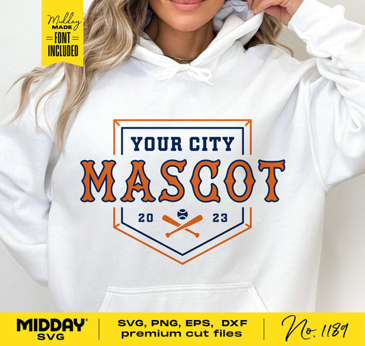 Vintage baseball team logo on a white hoodie, featuring customizable city and mascot name with crossed bats and ball. Includes SVG cut file.