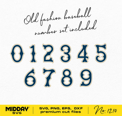 Old-fashioned baseball number set included in SVG, PNG, EPS, DXF formats for DIY player shirts and team logos, Cricut and Silhouette ready.
