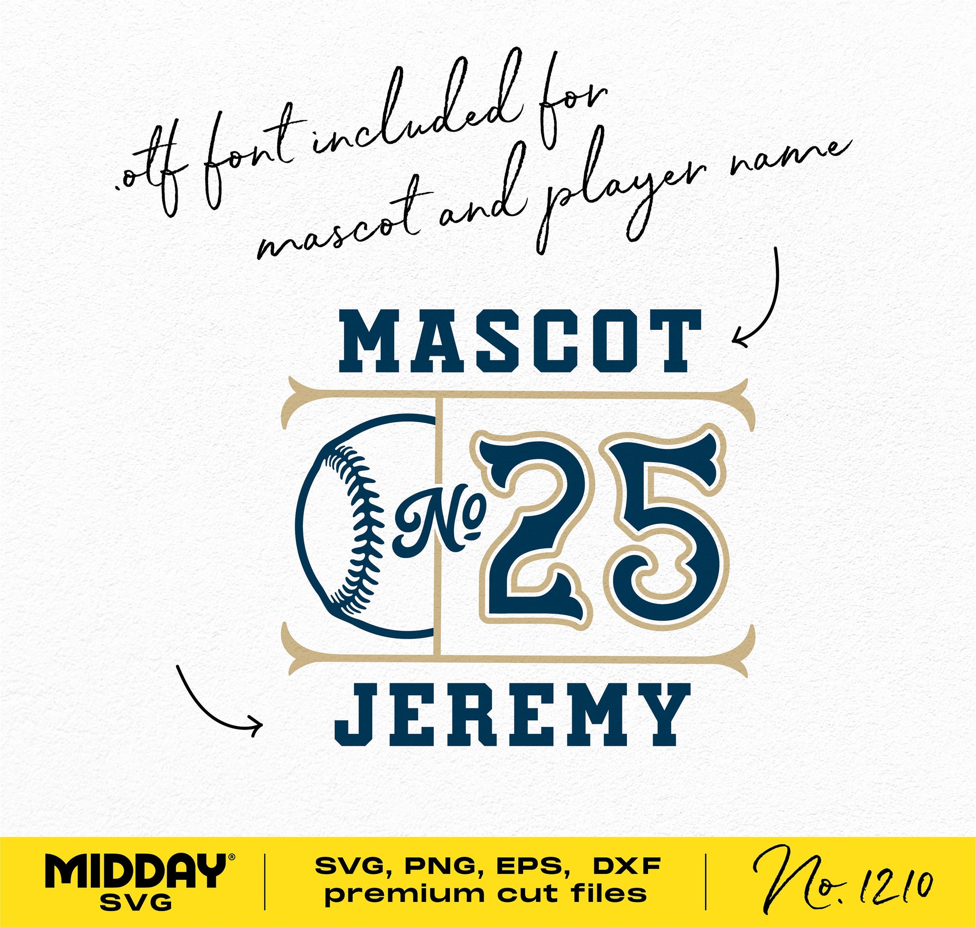 Baseball team template with customizable mascot and player name, featuring .otf font and number 25. Available in SVG, PNG, EPS, DXF formats.