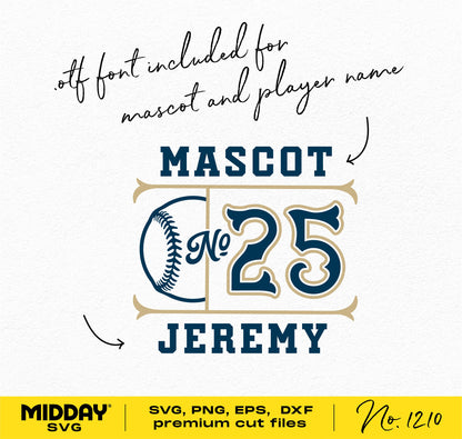 Baseball team template with customizable mascot and player name, featuring .otf font and number 25. Available in SVG, PNG, EPS, DXF formats.