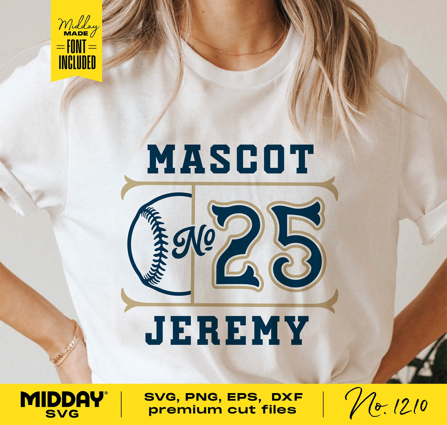 Customizable baseball team shirt design with mascot, player number, and name in SVG, PNG, EPS, DXF formats for Cricut and Silhouette.