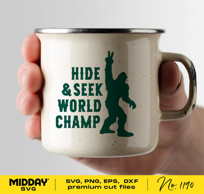 Metal camping mug with Bigfoot image and 'Hide & Seek World Champ' text, ideal for hikers and outdoor enthusiasts.