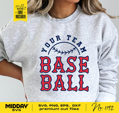 Baseball-themed sweatshirt design featuring 'Your Team' and 'Base Ball' text, perfect for DIY apparel projects with SVG, PNG, EPS, DXF files.