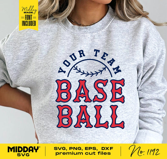 Baseball-themed sweatshirt design featuring 'Your Team' and 'Base Ball' text, perfect for DIY apparel projects with SVG, PNG, EPS, DXF files.
