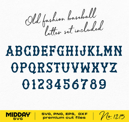 Old fashion baseball letter set with alphabet and numbers in SVG, PNG, EPS, DXF formats for premium cut files.