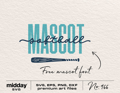 Softball SVG design featuring 'MASCOT' text with softball script and bat graphic for Cricut and Silhouette use.