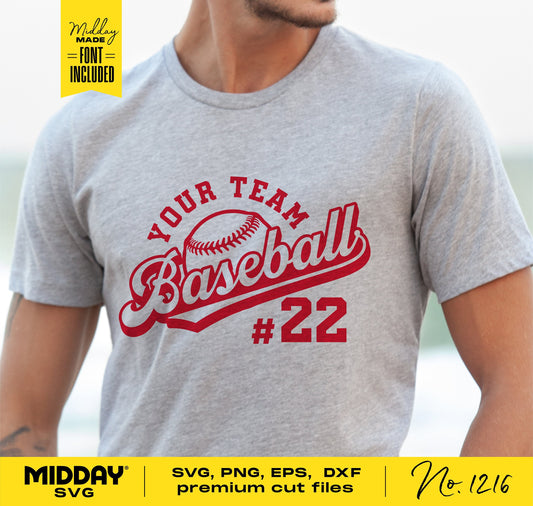 Gray t-shirt with customizable baseball-themed SVG design and number 22 in red, ideal for Cricut and Silhouette crafting projects.