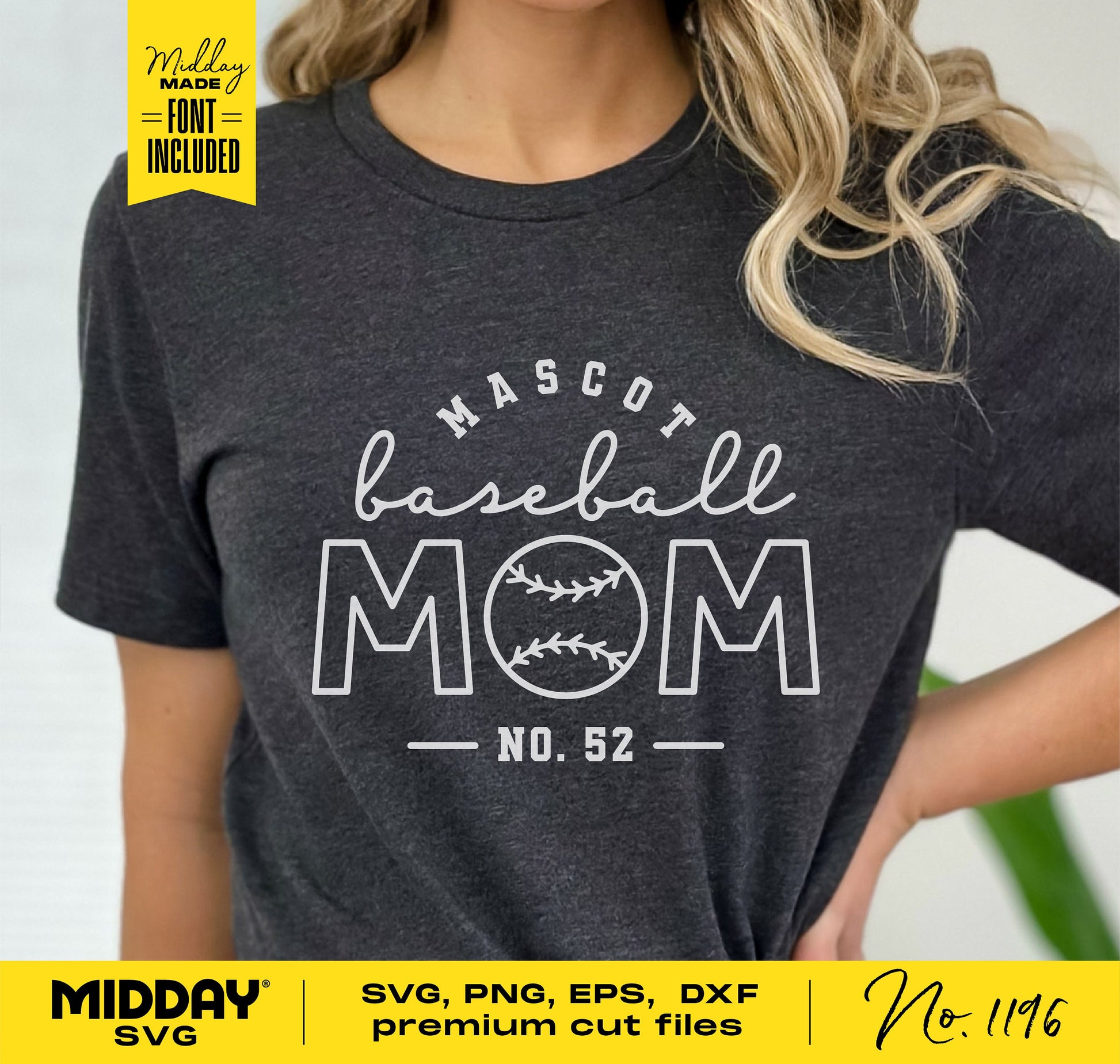 Woman wearing dark t-shirt with 'Baseball Mom' design and 'Mascot No. 52' text, promoting Cricut and Silhouette SVG template.