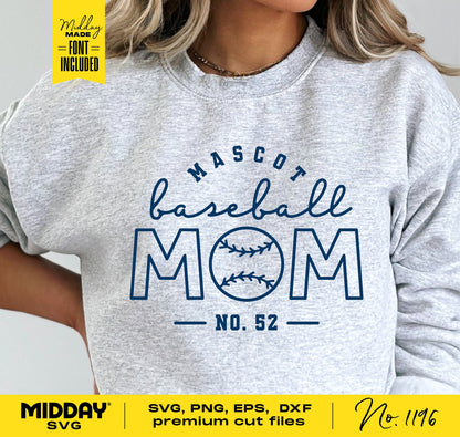 Baseball Mom SVG design on gray shirt, features 'Mascot Baseball Mom No. 52' text, includes PNG, EPS, DXF formats for Cricut and Silhouette.