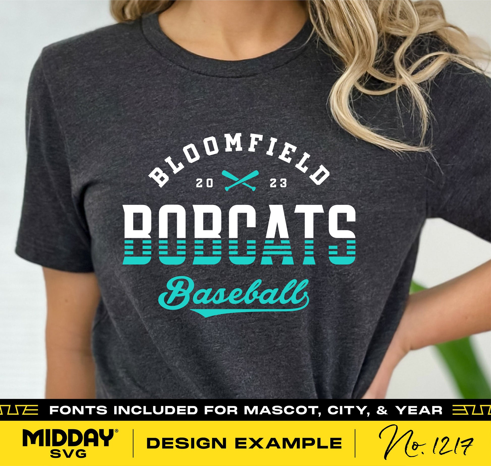 Woman wearing a dark gray t-shirt with Bloomfield Bobcats Baseball 2023 design.