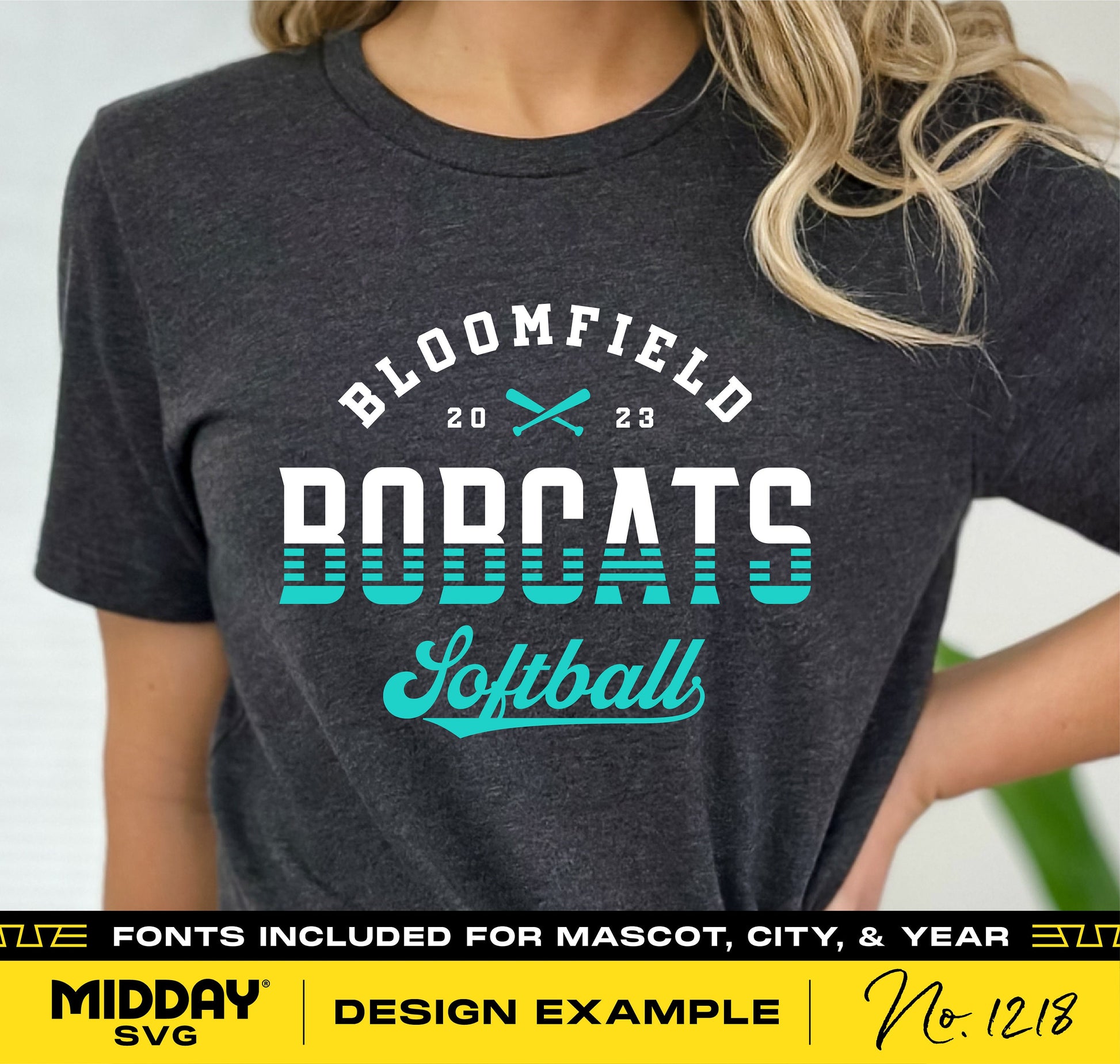 Softball team t-shirt design example with 'Bloomfield Bobcats Softball' logo, features customizable fonts for mascot, city, and year.