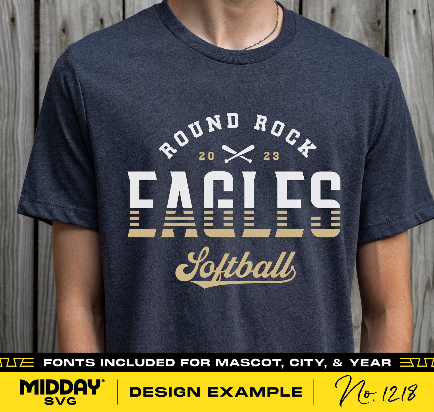 Blue t-shirt with Round Rock Eagles Softball design, featuring crossed bats graphic. Fonts included for mascot, city, and year customization.