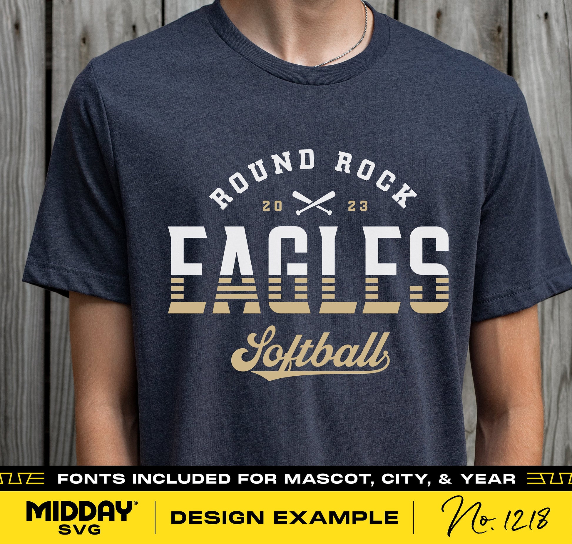 Blue t-shirt with Round Rock Eagles Softball design, featuring crossed bats graphic. Fonts included for mascot, city, and year customization.