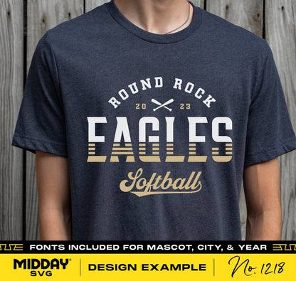 Blue t-shirt with Round Rock Eagles Softball design, featuring crossed bats graphic. Fonts included for mascot, city, and year customization.