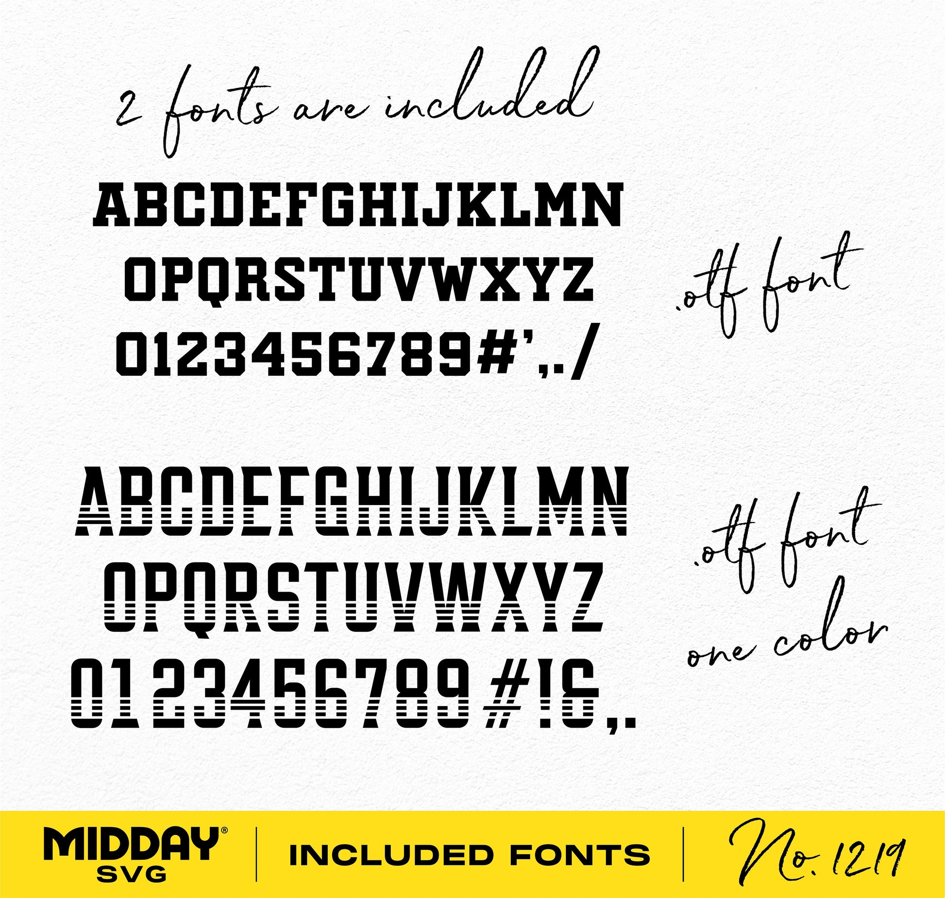 Image of two included fonts with uppercase letters and numbers in .otf format, featuring both regular and one color styles by Midday SVG.