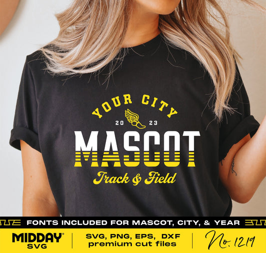 Customizable track and field shirt design with mascot text, for Cricut and sublimation projects, in SVG, PNG, EPS, and DXF formats.