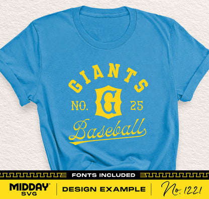 Blue baseball t-shirt with yellow 'Giants No. 25 Baseball' print; includes fonts by Midday SVG, design example No. 1221