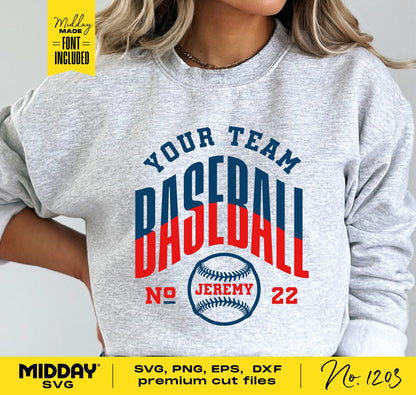 Gray sweatshirt featuring a customizable baseball team design with "Your Team Baseball No. Jeremy 22" in blue and red.