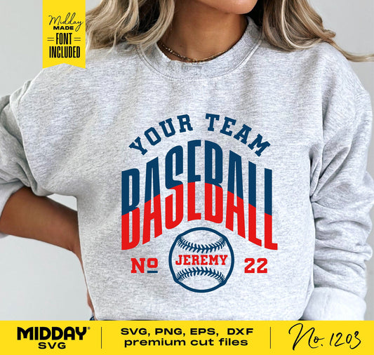 Gray sweatshirt featuring a customizable baseball team design with "Your Team Baseball No. Jeremy 22" in blue and red.