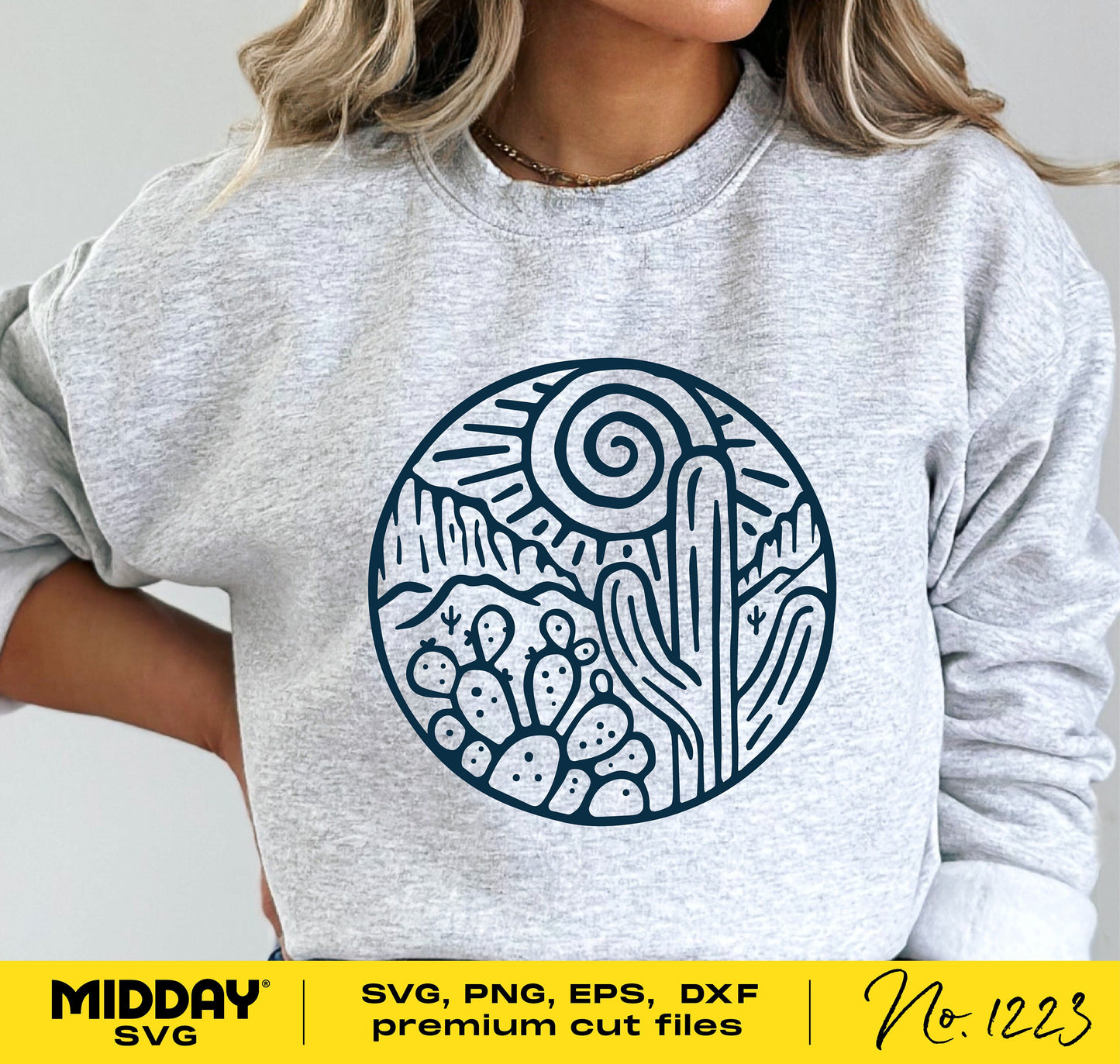 Woman wearing sweatshirt with cactus desert scene design, featuring SVG, PNG, EPS, DXF files by Midday SVG.