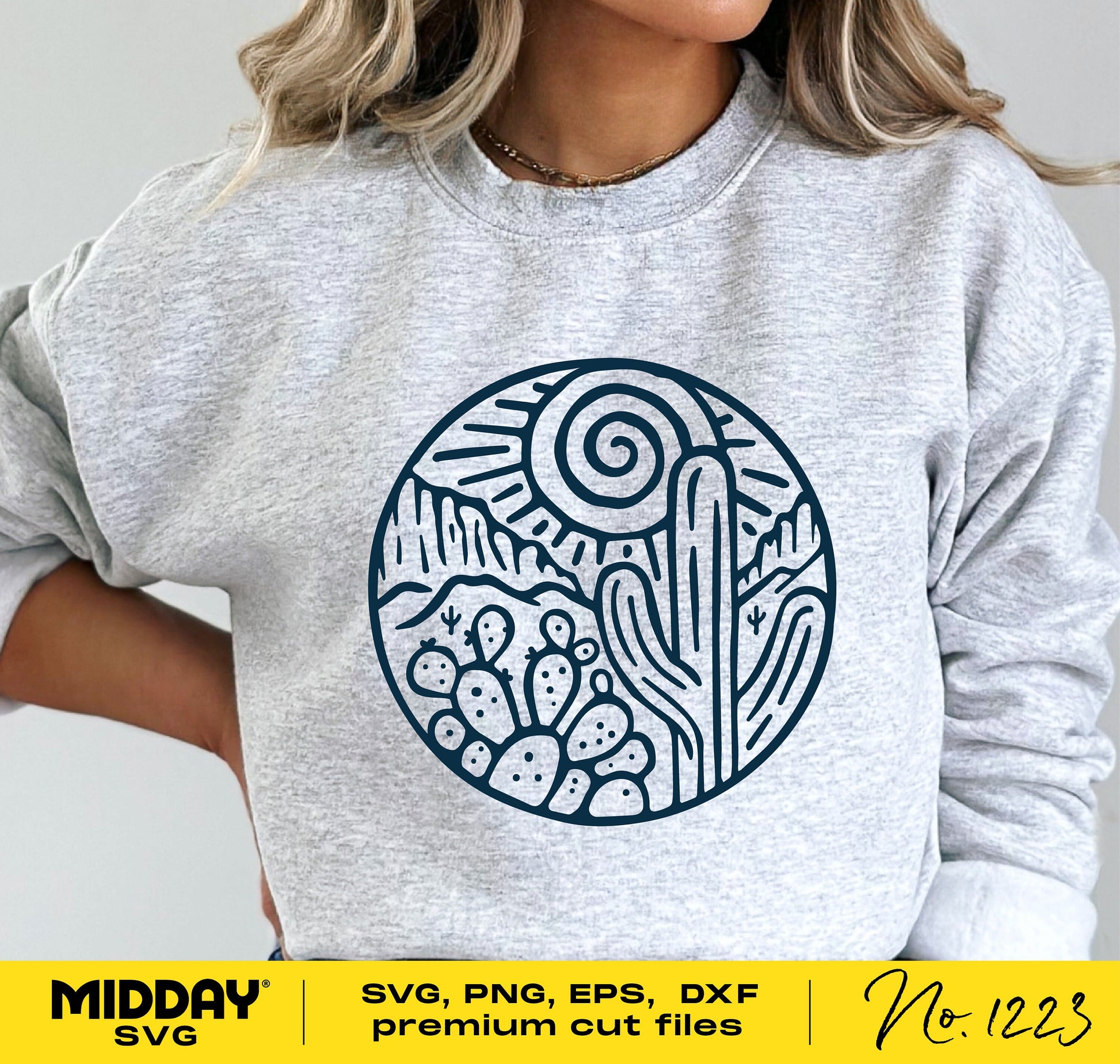 Woman wearing sweatshirt with cactus desert scene design, featuring SVG, PNG, EPS, DXF files by Midday SVG.