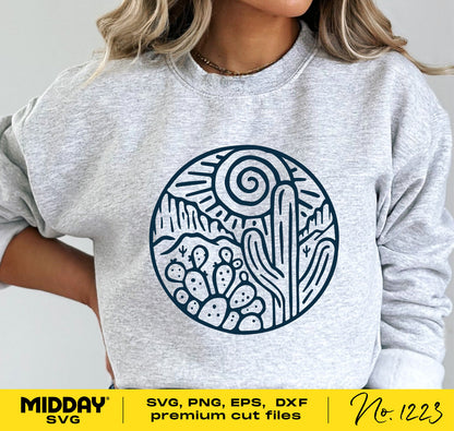 Woman wearing sweatshirt with cactus desert scene design, featuring SVG, PNG, EPS, DXF files by Midday SVG.